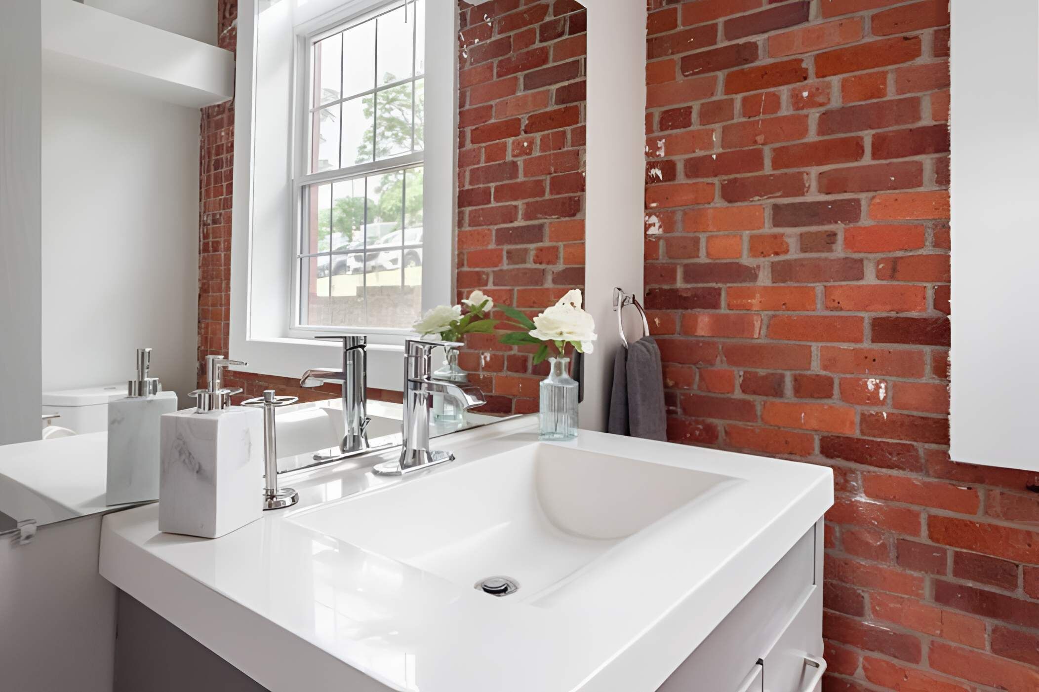 A modern bathroom with a white sink, chrome faucets, and a large window.