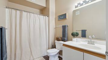 Hair dryer, towels, soap, shampoo