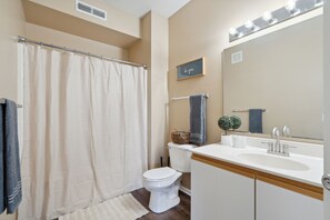 Hair dryer, towels, soap, shampoo