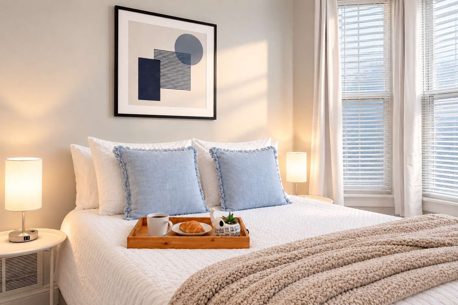 Een netjes opgemaakt bed met een dienblad met ontbijtartikelen, twee bedlampen en een lijst met abstracte kunst aan de muur.