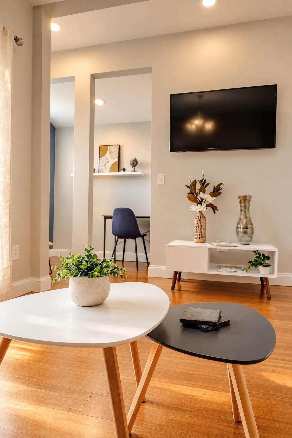 A modern living room with a round white table, a black side table, a flat-screen TV mounted on the wall, a blue chair, and a white console with decorative items.
