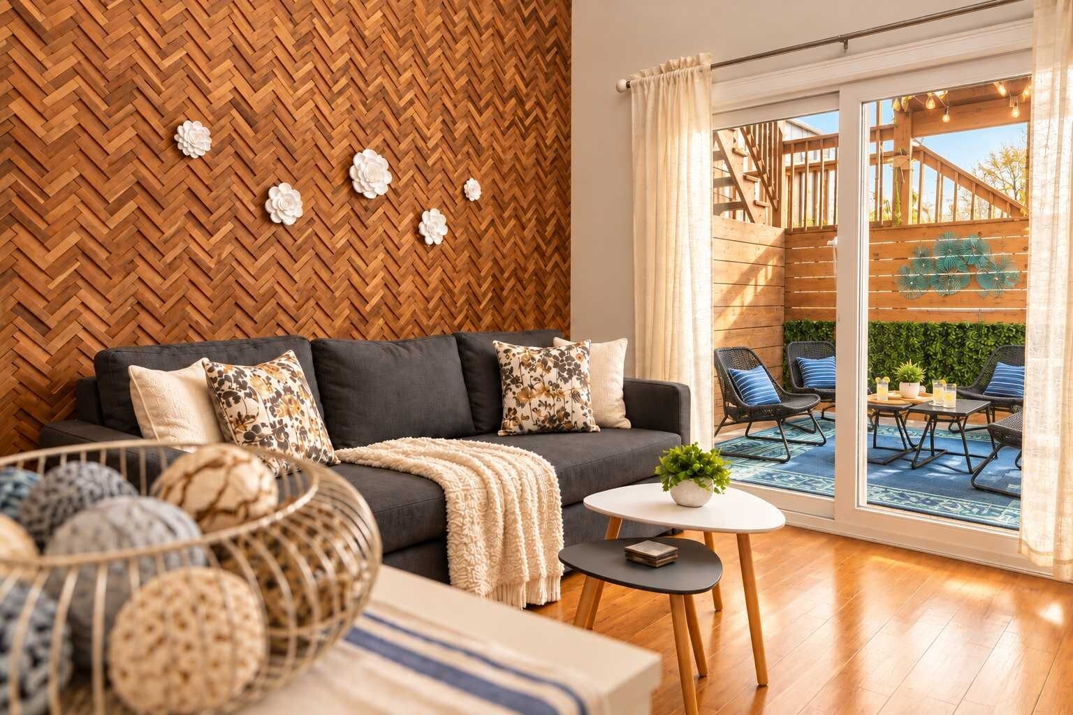 A modern living room with a herringbone wood wall, a dark sofa with patterned cushions, a round coffee table with a plant, and a view of an outdoor patio with chairs and a table.