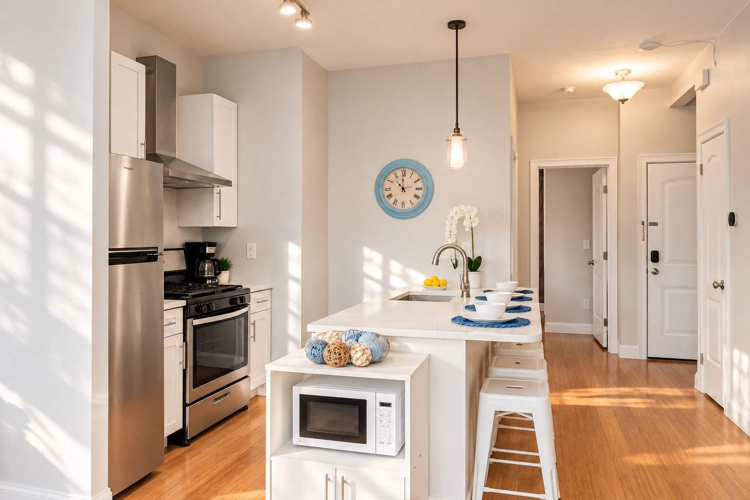 Sunlit Blue-Accented Kitchen Entryway