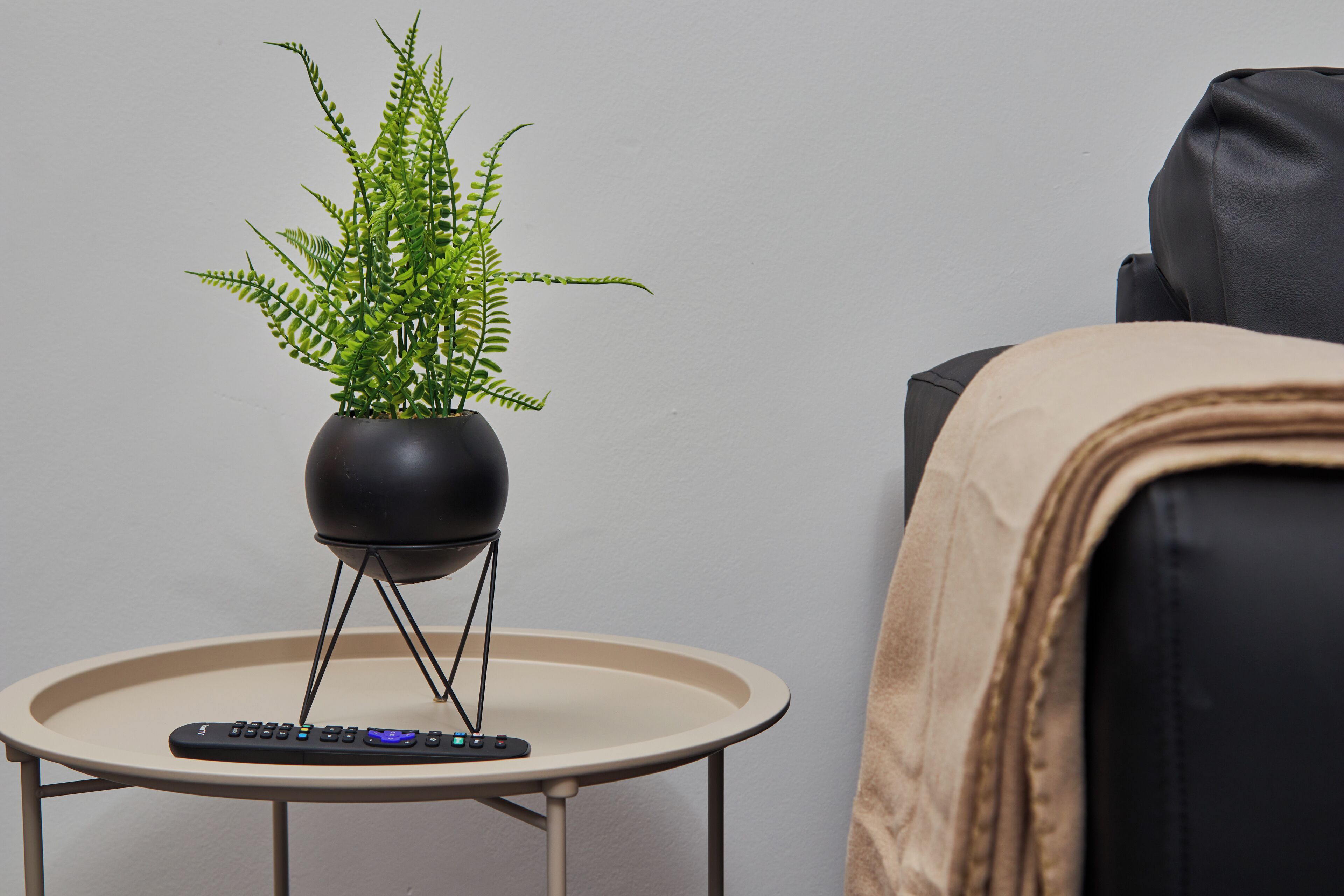 Une petite table ronde avec une plante en pot et une télécommande.