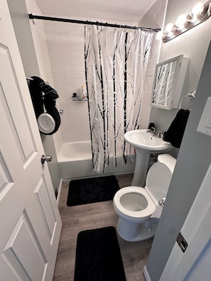 Secadora de cabello, toallas, jabón, papel de baño