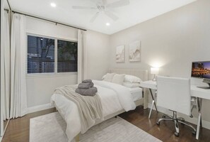 3 bedrooms, desk, iron/ironing board, travel cot