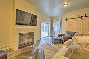Smart TV, fireplace, DVD player, video library