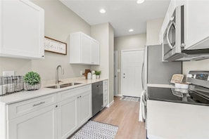 Fridge, microwave, dishwasher