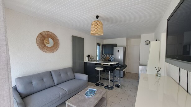 Un salon moderne avec un canapé gris, une table basse et un coin cuisine équipé d’un réfrigérateur, d’un évier et de tabourets de bar.