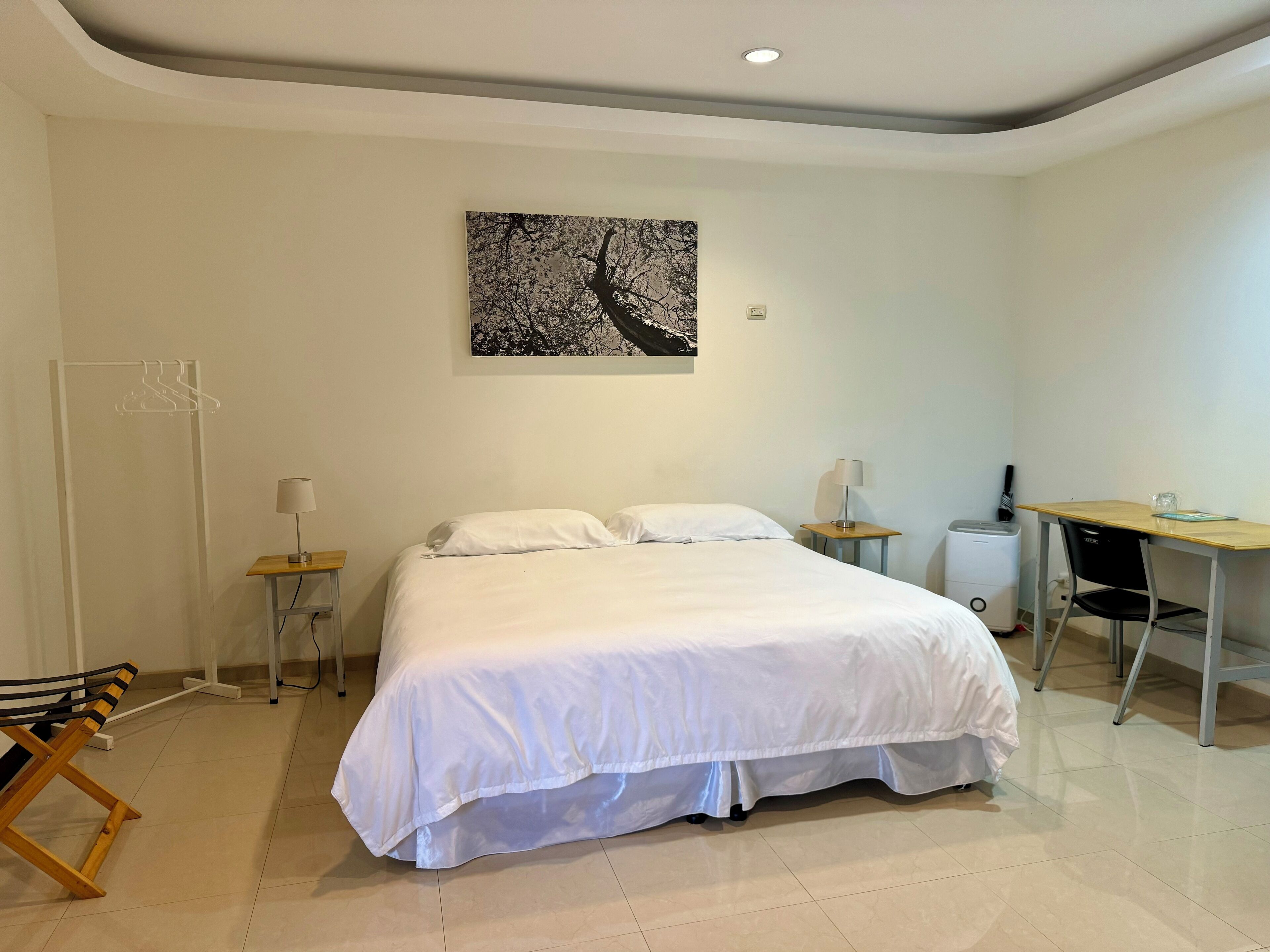 Une chambre moderne avec un grand lit, un bureau, une chaise et un porte-manteau.