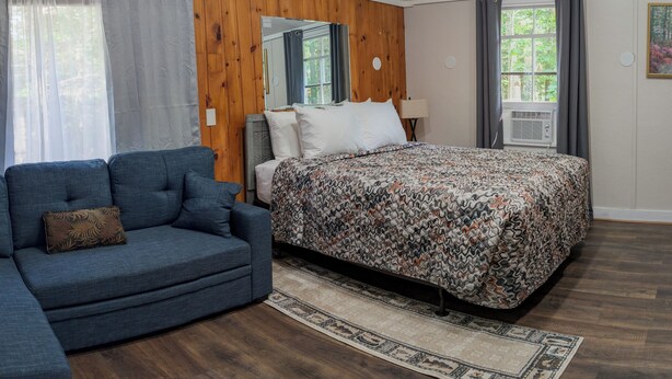 A bedroom with a bed, a blue sofa, a wooden accent wall, a window with curtains, and a rug. - Rustic Traditional Cabin_Cabin 10B (Bar Harbor)