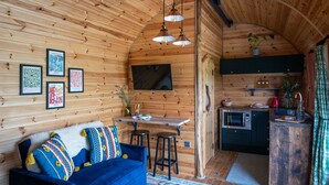 Een gezellig interieur van een blokhut met een blauwe bank, houten wanden, een keukenhoek en ingekaderde foto's.