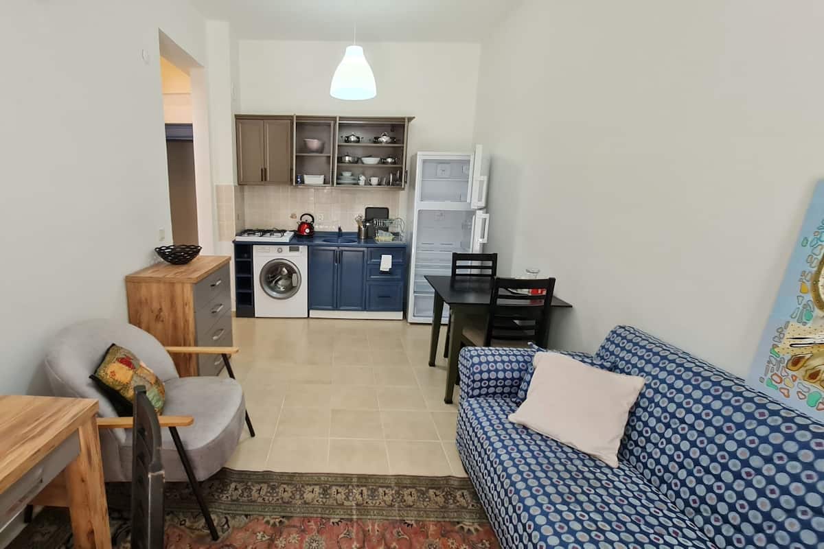 A compact living space with a dining area, a sofa, a washing machine, and a kitchen with cabinets and a hanging light fixture.
