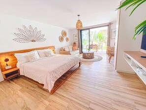 1 bedroom, desk, iron/ironing board, travel crib