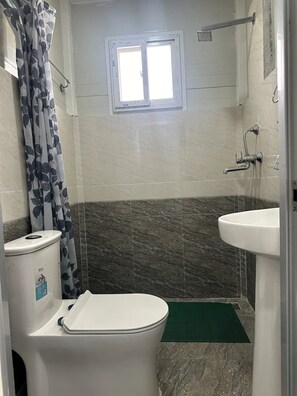 Shower, hair dryer, soap