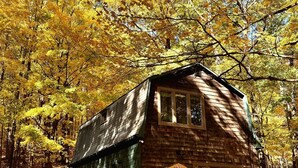 Un chalet rustique avec un auvent vert, entouré d’un feuillage automnal.