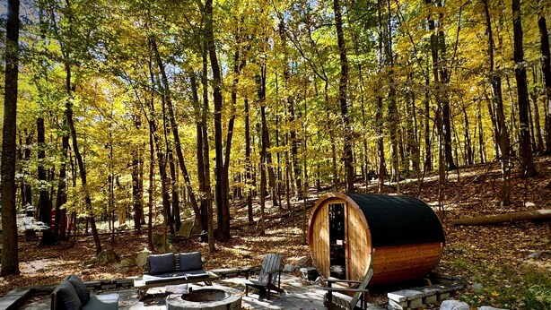 Un chalet rustique avec une entrée en forme de tonneau en bois, un foyer en pierre et un espace de détente extérieur entouré d’une forêt.