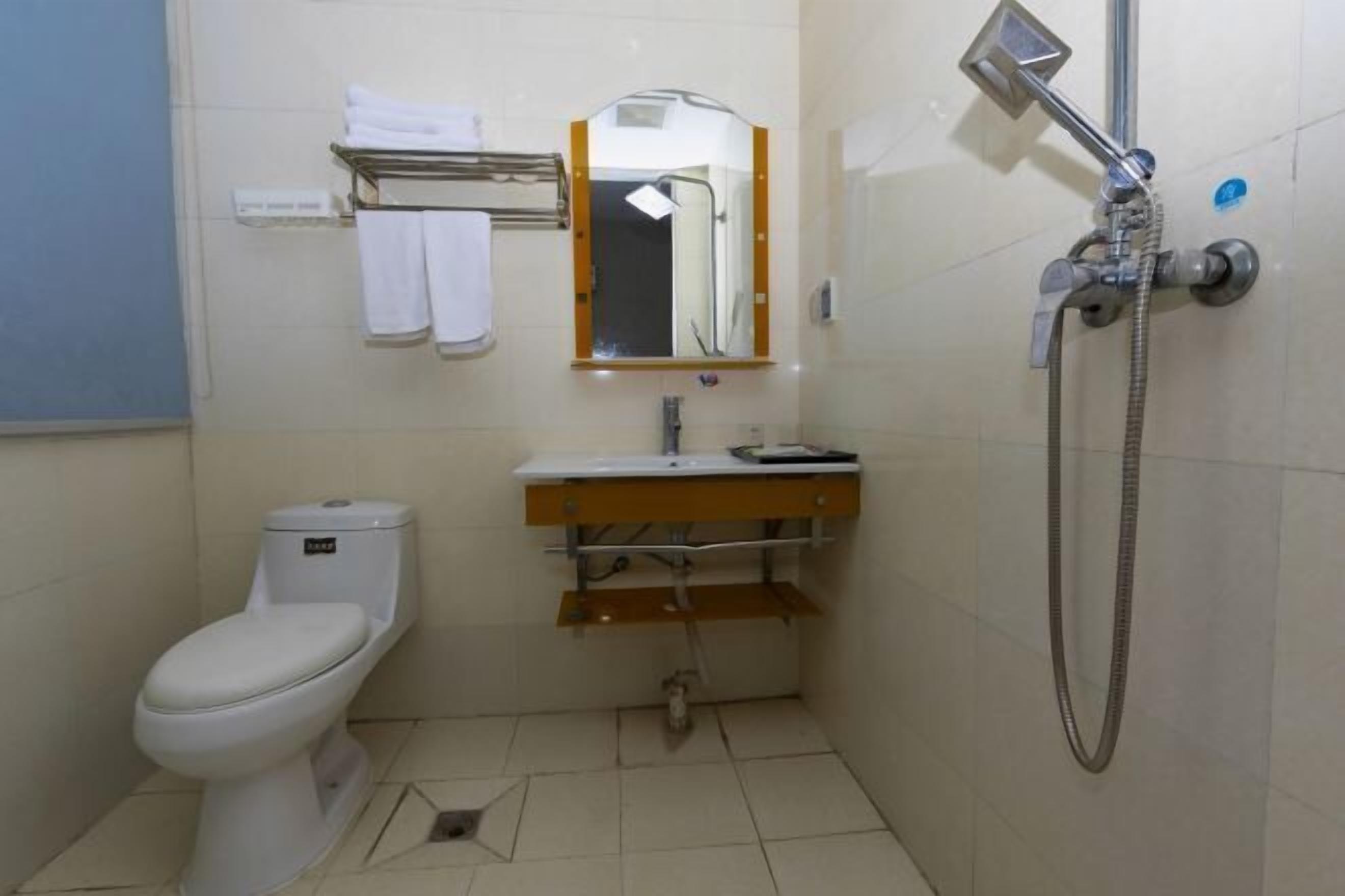 Un baño con inodoro, lavabo, espejo, toallero y ducha.