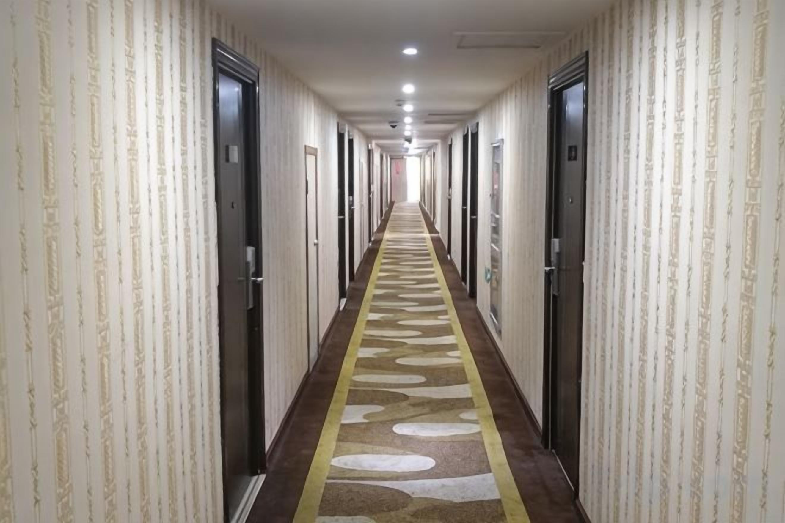 Passadís d'hotel amb portes a ambdós costats, un penjament de moqueta amb dibuixos i una llum al sostre.