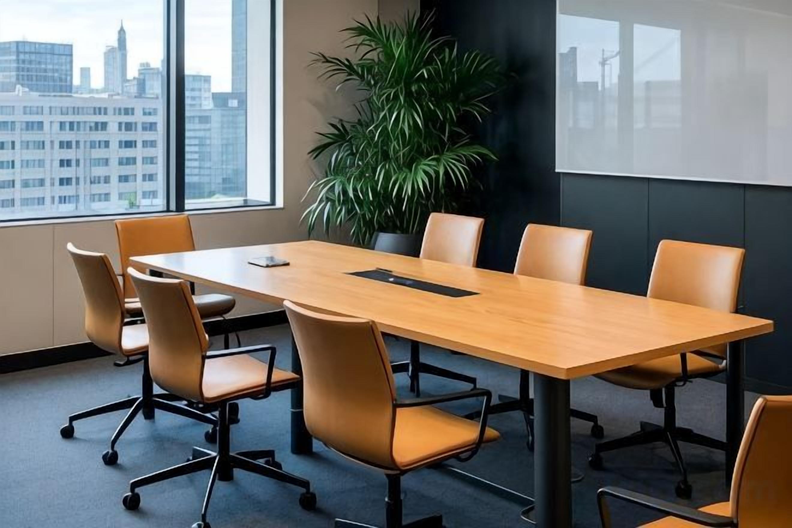A conference room with a long table and six chairs, a projector screen, and a large window with a city view.