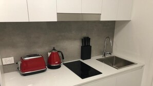 A compact kitchen with a toaster, kettle, induction cooktop, and a sink.