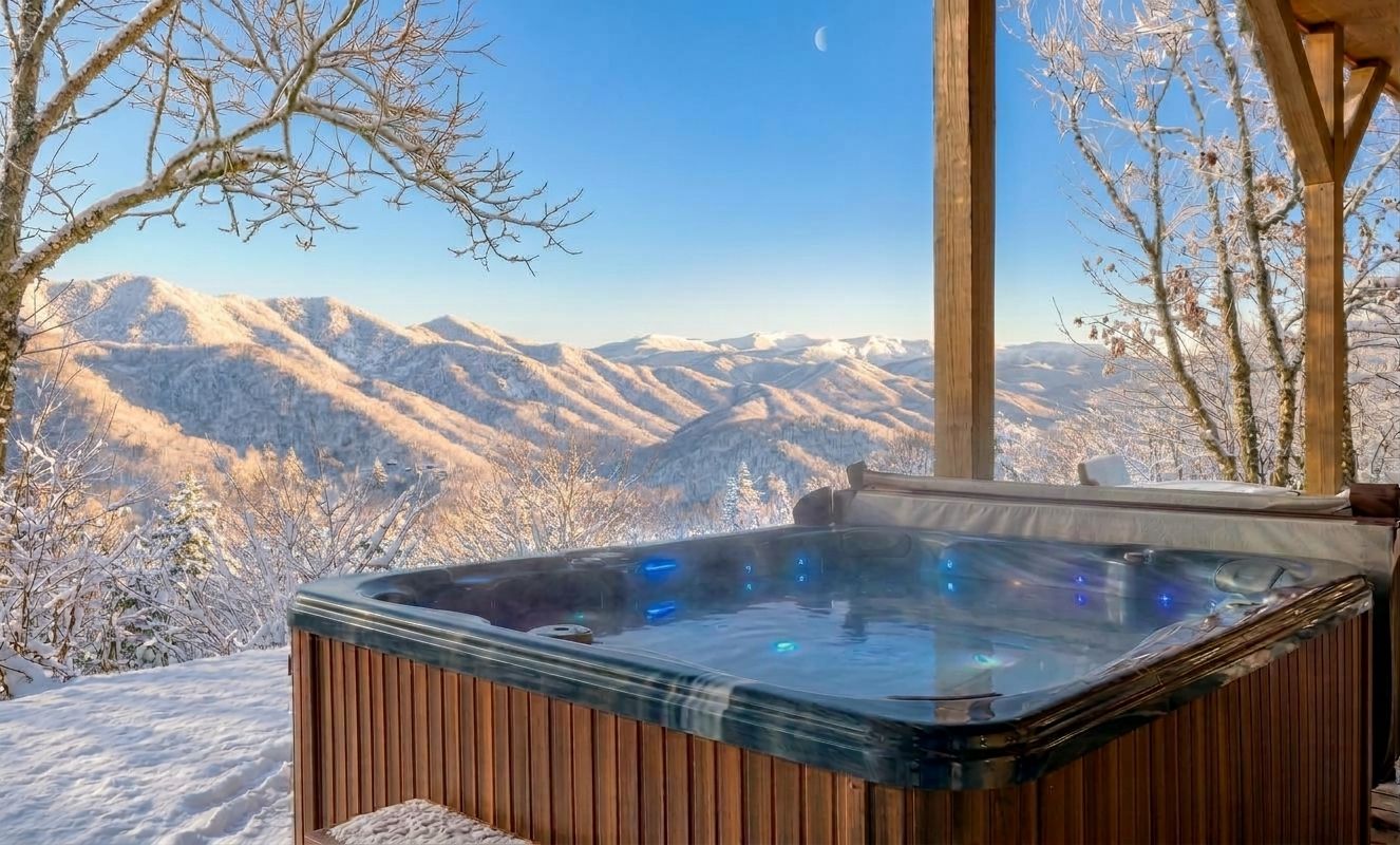 Een hottub met een houten buitenkant, met een besneeuwd berglandschap op de achtergrond.