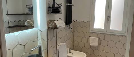 Douche, sèche-cheveux, bidet, serviettes fournies