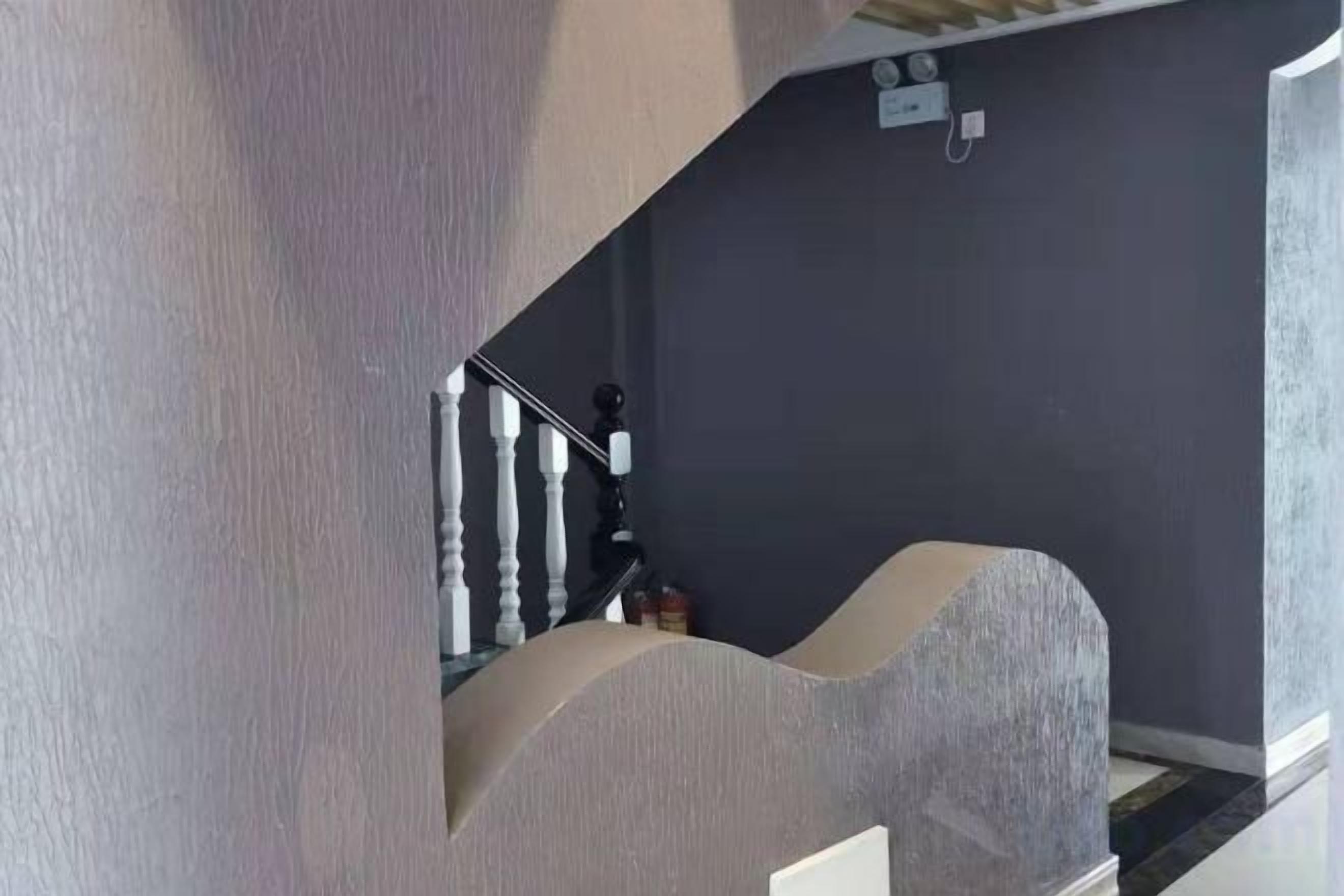 Un escalier avec un mur sombre et un élément décoratif en pierre.
