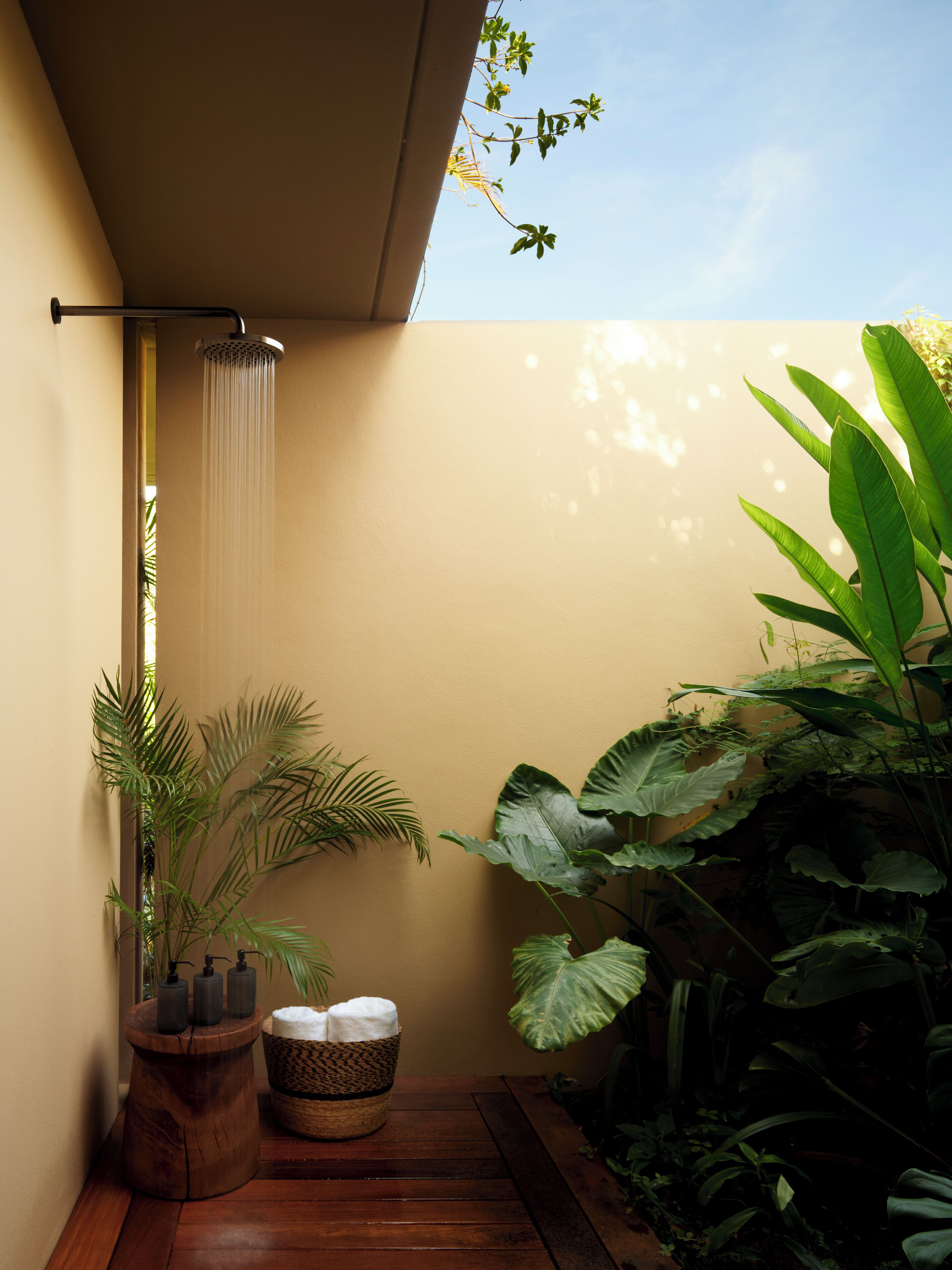 Un baño pequeño y cerrado con ducha, suelo de madera y plantas en macetas.