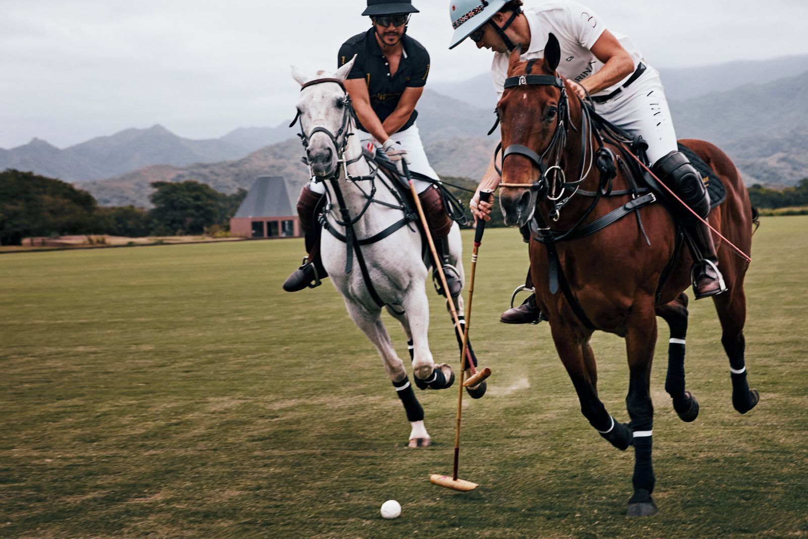 Dos personas jugando croquet a caballo en un campo abierto con montañas al fondo.