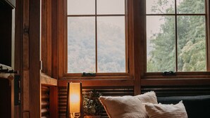 A cozy room with a wooden interior, a window with a view of trees, a hanging plant, a lamp, and a sofa with cushions.