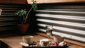 A wooden table with a cheese platter, a glass of water, and a potted plant by a window with a view of trees.