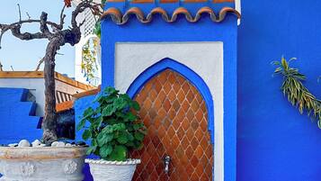 A courtyard with a blue wall, a tiled floor, a wooden door, and a potted plant.