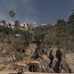 Private beach, beach umbrellas, beach towels
