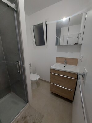 Douche, séchoir à cheveux, serviettes fournies, savon