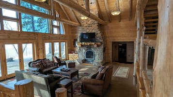 Smart TV, fireplace, books