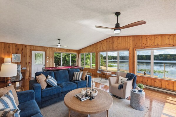 Smart TV, fireplace, books