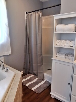 Hair dryer, towels, soap, shampoo