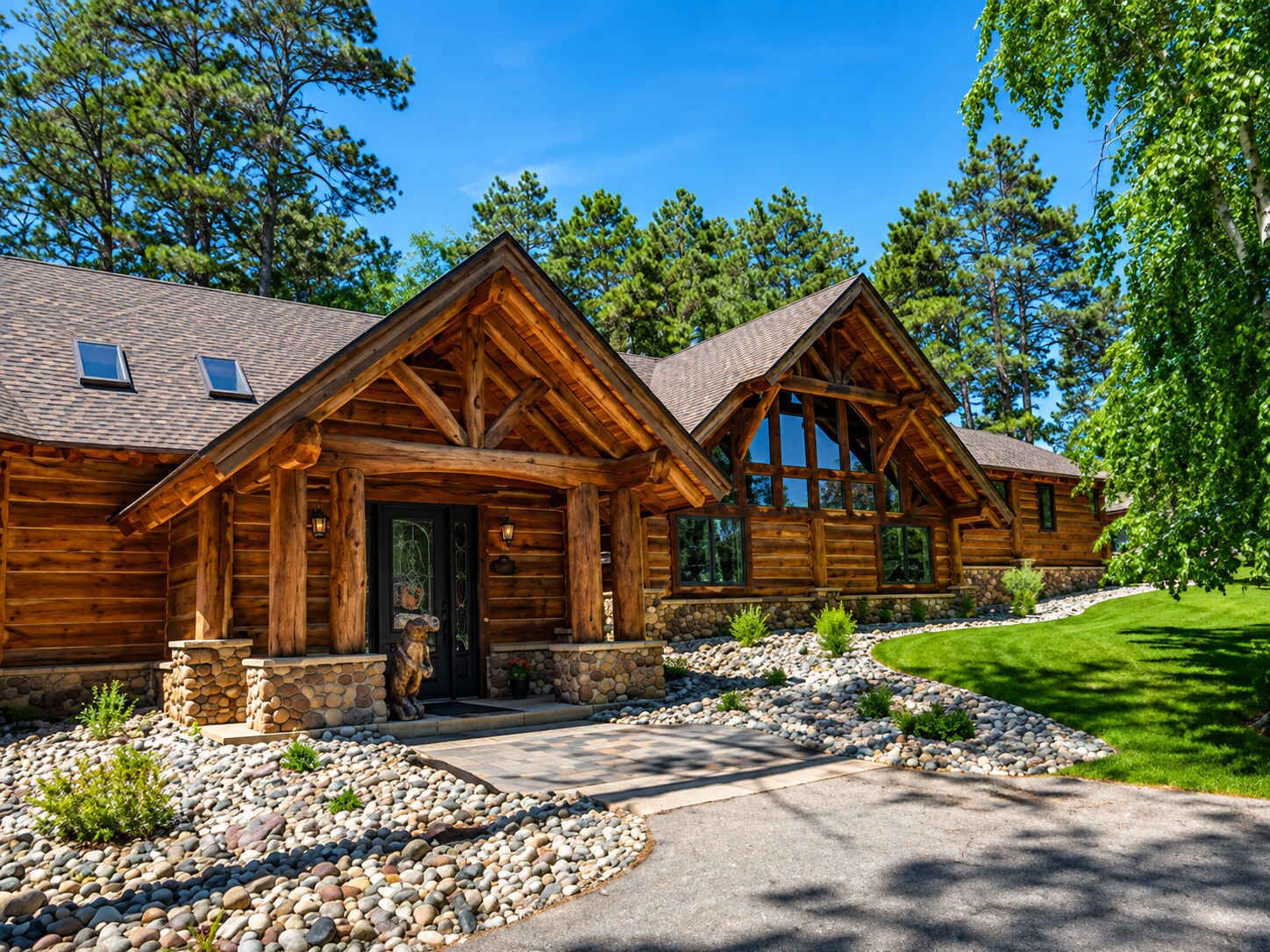 A log cabin with a stone foundation, a front porch, and a driveway leading to the entrance.