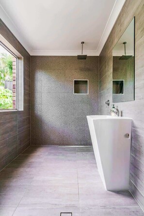 Shower, hair dryer, shampoo