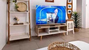 A living room with a television, a wooden shelf with plants, a surfboard decoration, and a wicker basket on the floor.