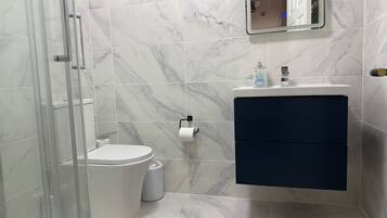 Hair dryer, towels, soap, toilet paper