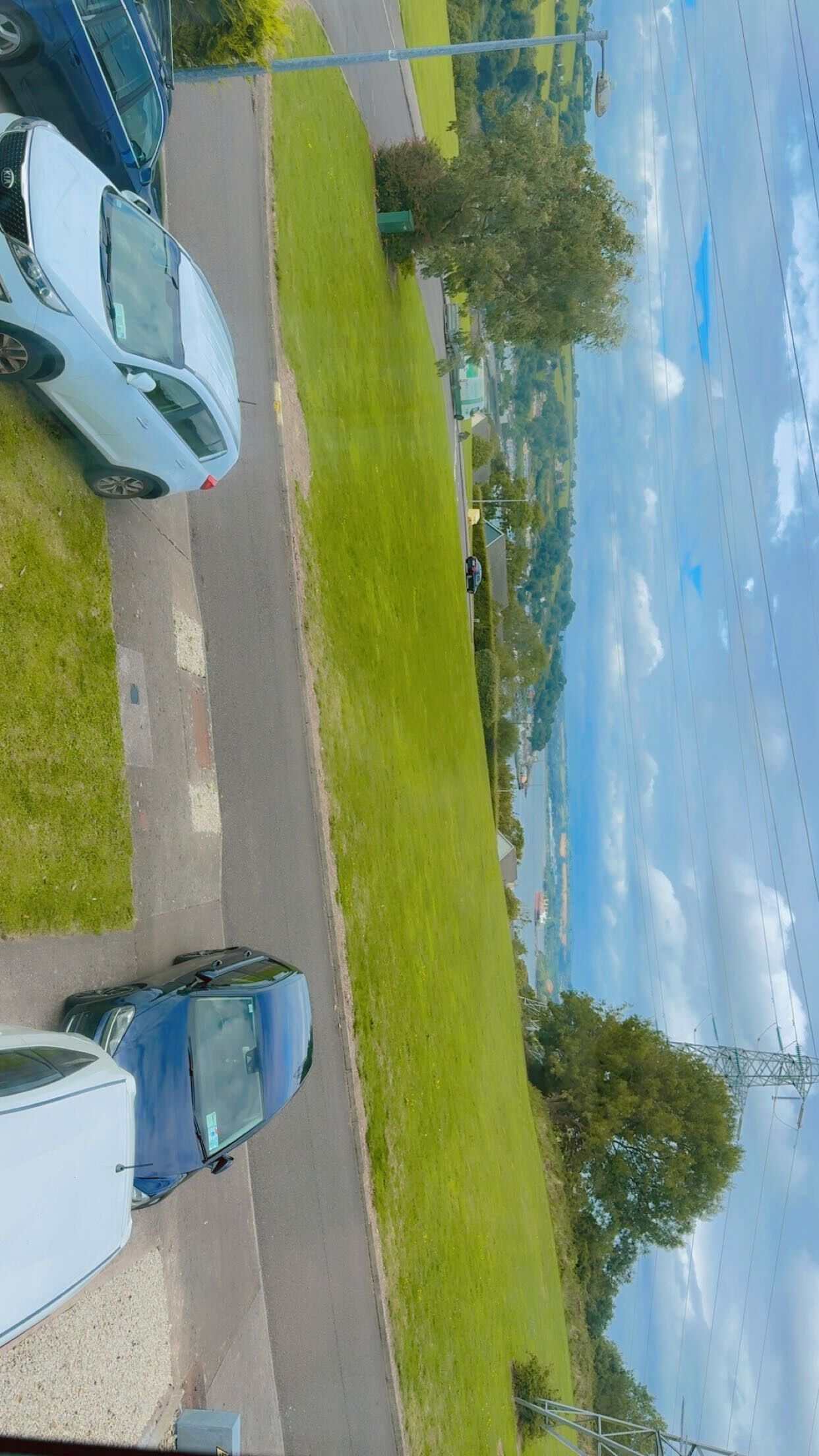En parkeringsplads med flere biler, en græsplæne og en vej.