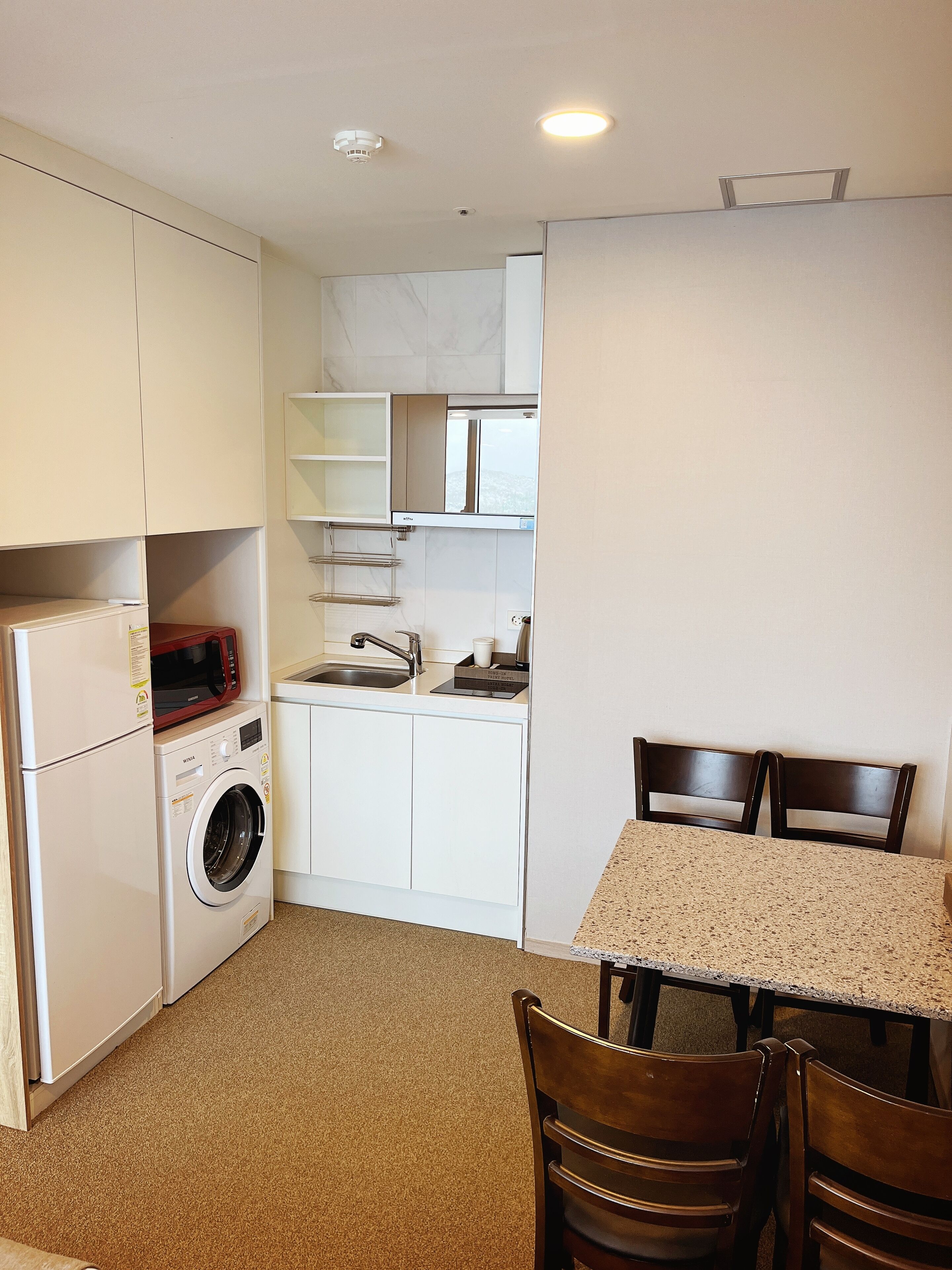 Une cuisine compacte équipée d’un lave-linge, d’un four à micro-ondes et d’un évier.
