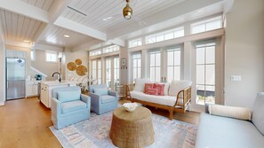 TV, fireplace, books, stereo