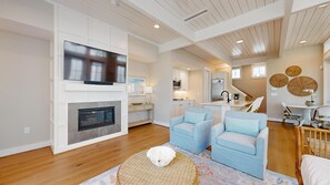 TV, fireplace, books, stereo