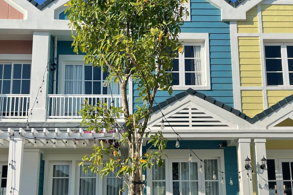 A row of colorful houses with a tree in the center.