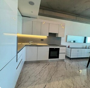 Panoramic Apartment | Private kitchen | Full-size fridge, oven, stovetop, dishwasher