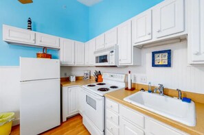 Microwave, stovetop, dishwasher, coffee/tea maker