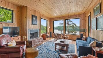 Smart TV, fireplace, DVD player, books